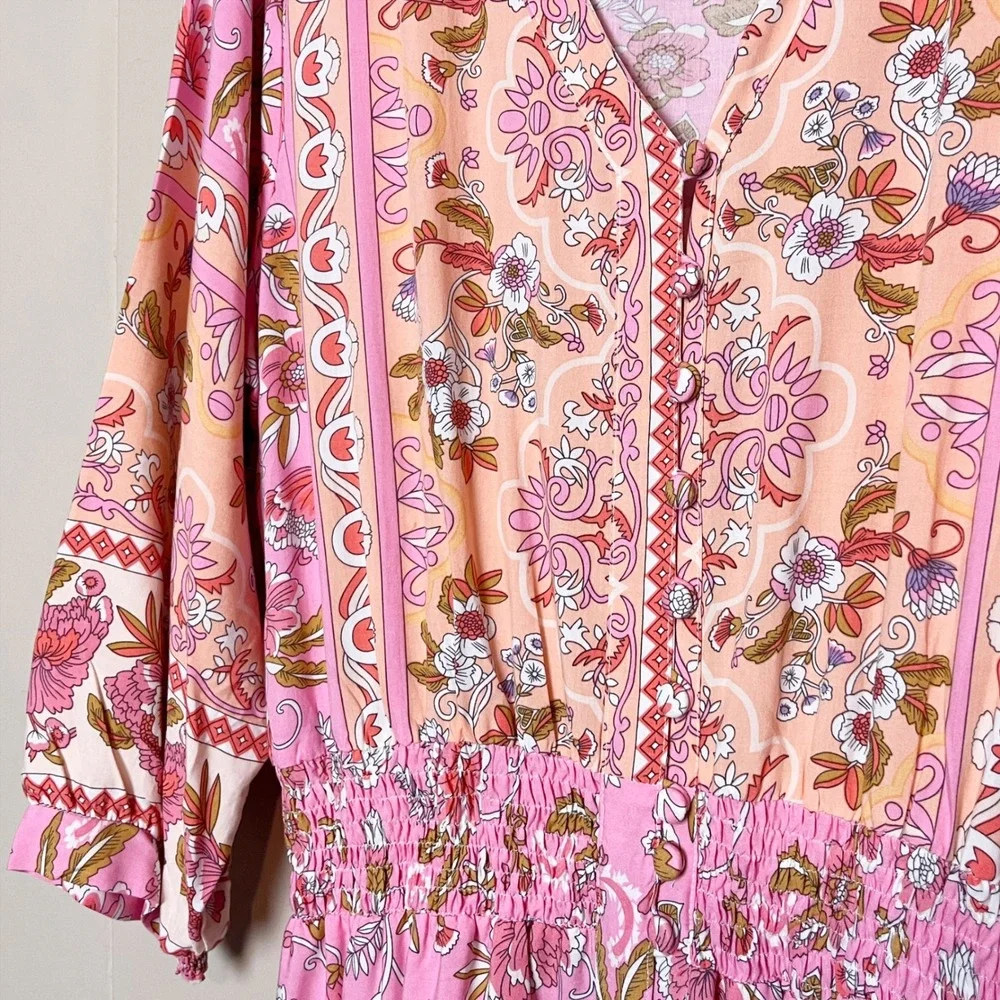 Walker & Wade Kelsey Mini Dress Medium Pink Floral Smocked Waist Beach Coverup